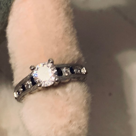 Two Silver Tone Fashion Rings with Blue and Clear Stone Round - Picture 2 of 14